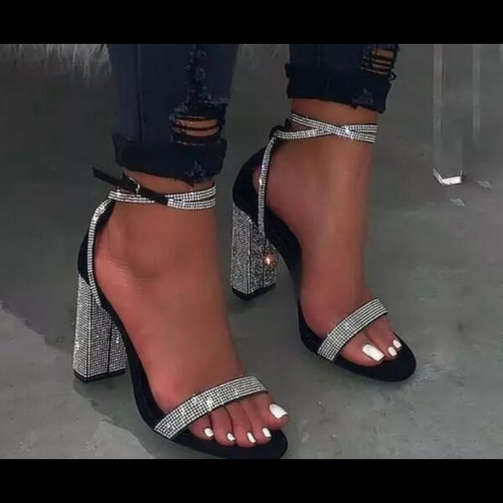 Black chunky heels with silver Rhinestones